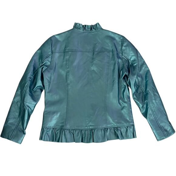 Metrostyle Size 6 Leather Jacket Coat Blue Ruffled Neck Waist Zip Front Diamond - Picture 2 of 5